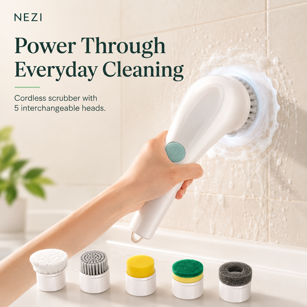 NEZI PowerScrub 360 - Cordless Spin Scrubber, 5 Heads