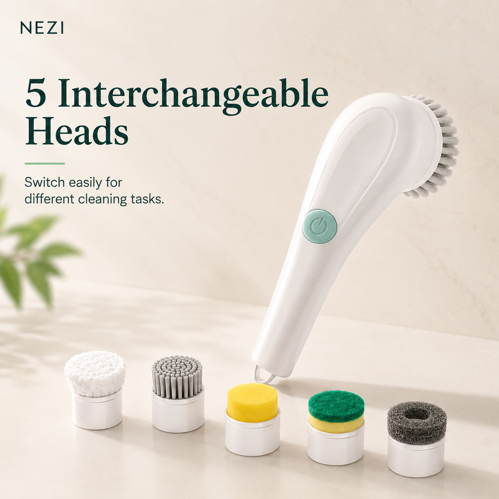 NEZI PowerScrub 360 - Cordless Spin Scrubber, 5 Heads