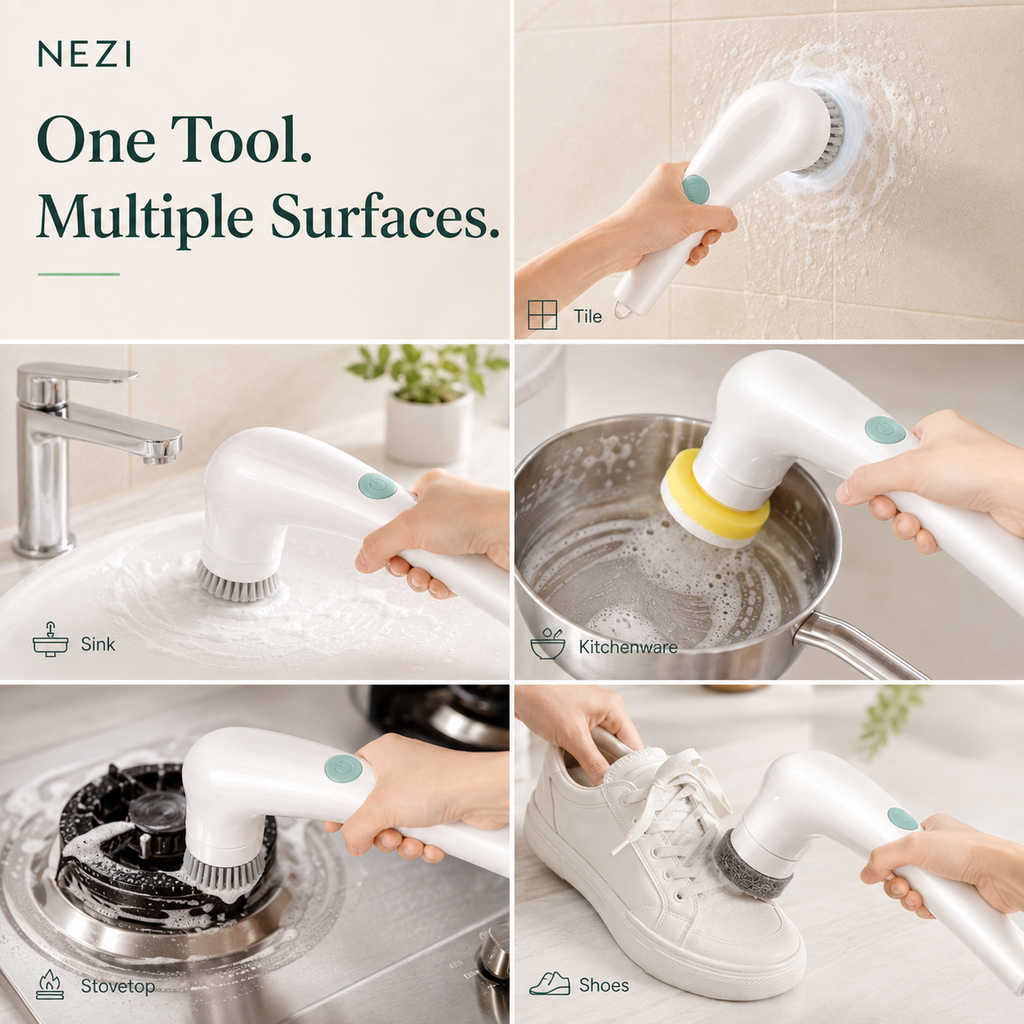 NEZI PowerScrub 360 - Cordless Spin Scrubber, 5 Heads