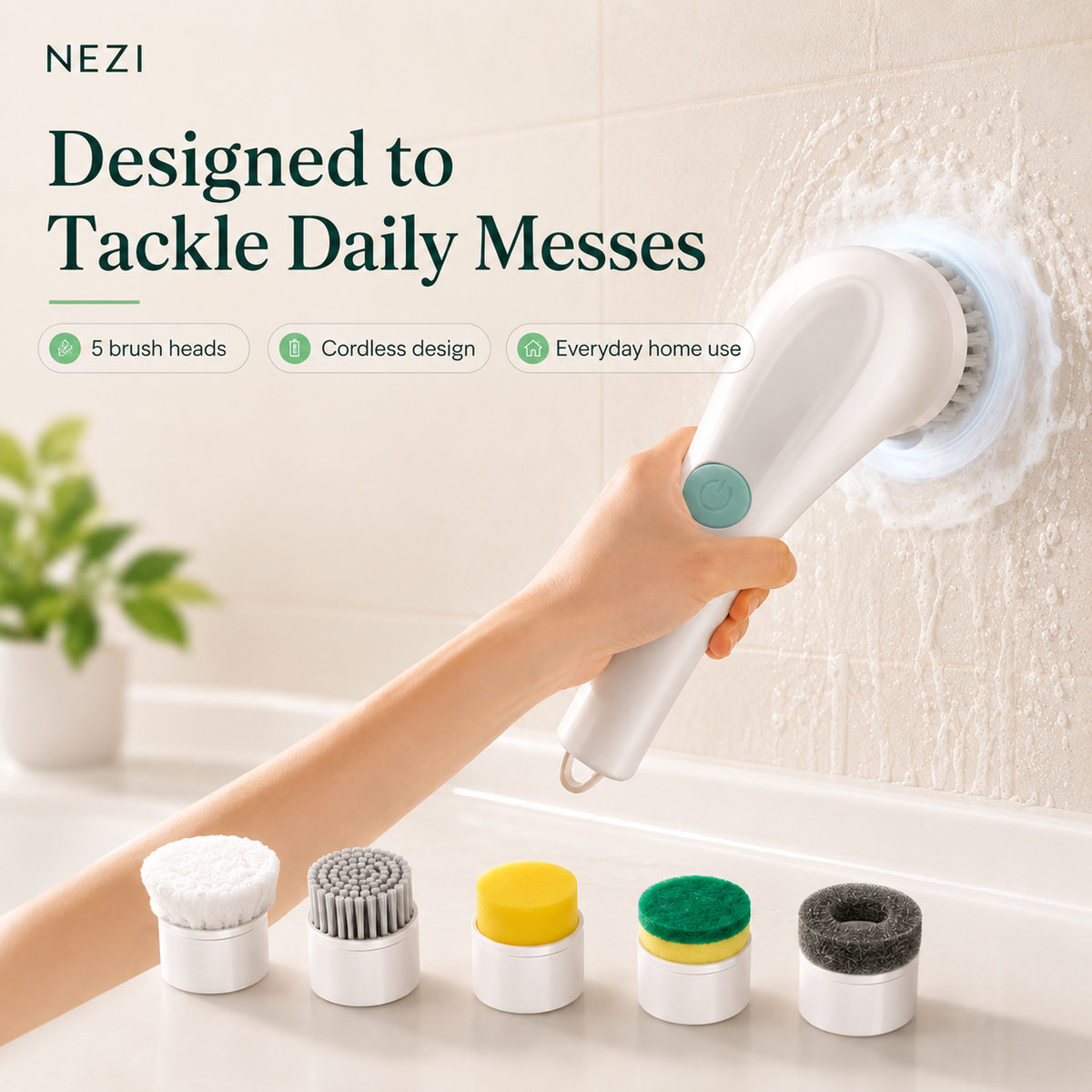 NEZI PowerScrub 360 - Cordless Spin Scrubber, 5 Heads