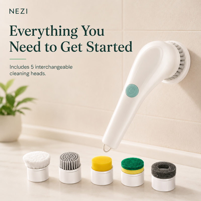 NEZI PowerScrub 360 - Cordless Spin Scrubber, 5 Heads