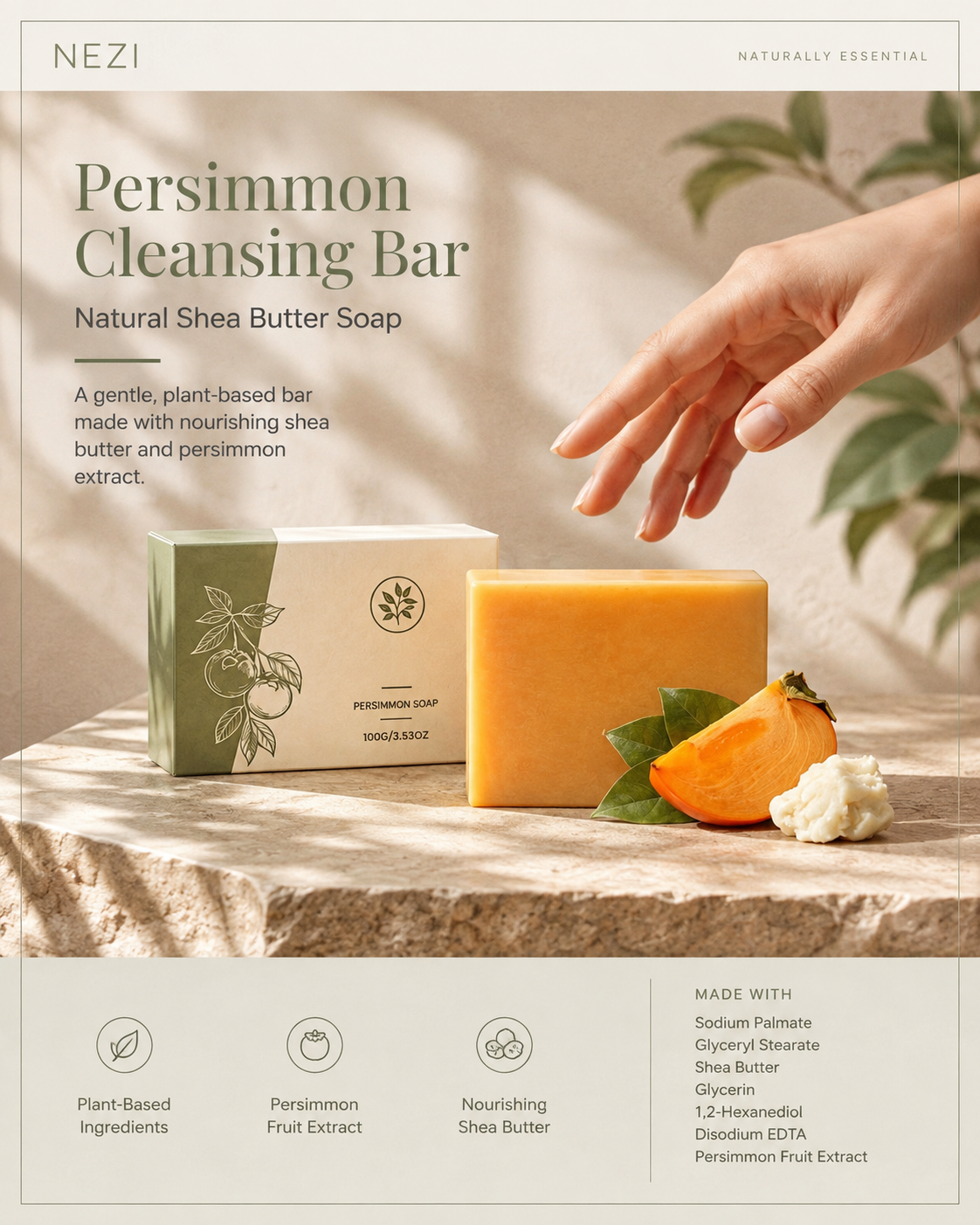 NEZI Persimmon Cleansing Bar - Natural Shea Butter Soap