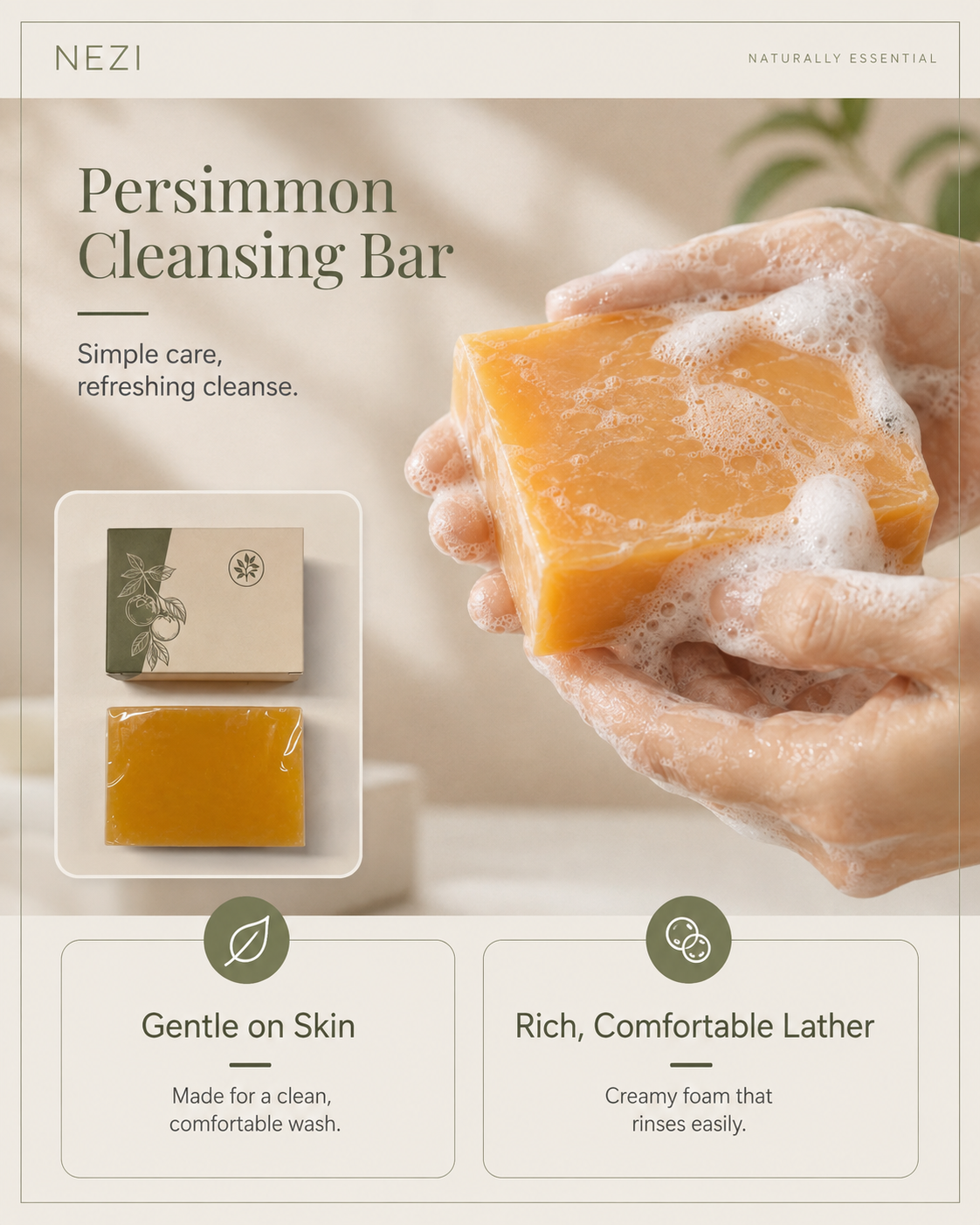 NEZI Persimmon Cleansing Bar - Natural Shea Butter Soap